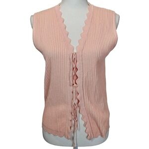 Pale Pink Coquette Soft Girly Tie Front‎ Ribbed Tank Top Sleeveless Size Small